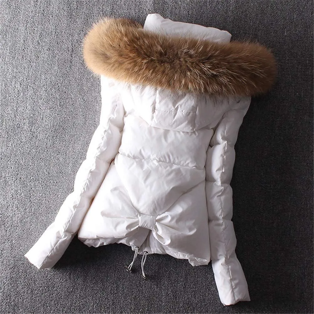 ACE SHOCK Women's Down Coats with Fur Hood Warm Short Puffer Jacket Slim Fit Winter Parka