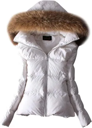 ACE SHOCK Women's Down Coats with Fur Hood Warm Short Puffer Jacket Slim Fit Winter Parka