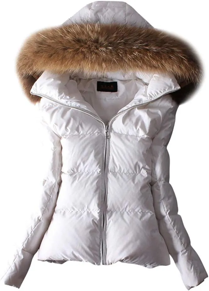 ACE SHOCK Women's Down Coats with Fur Hood Warm Short Puffer Jacket Slim Fit Winter Parka
