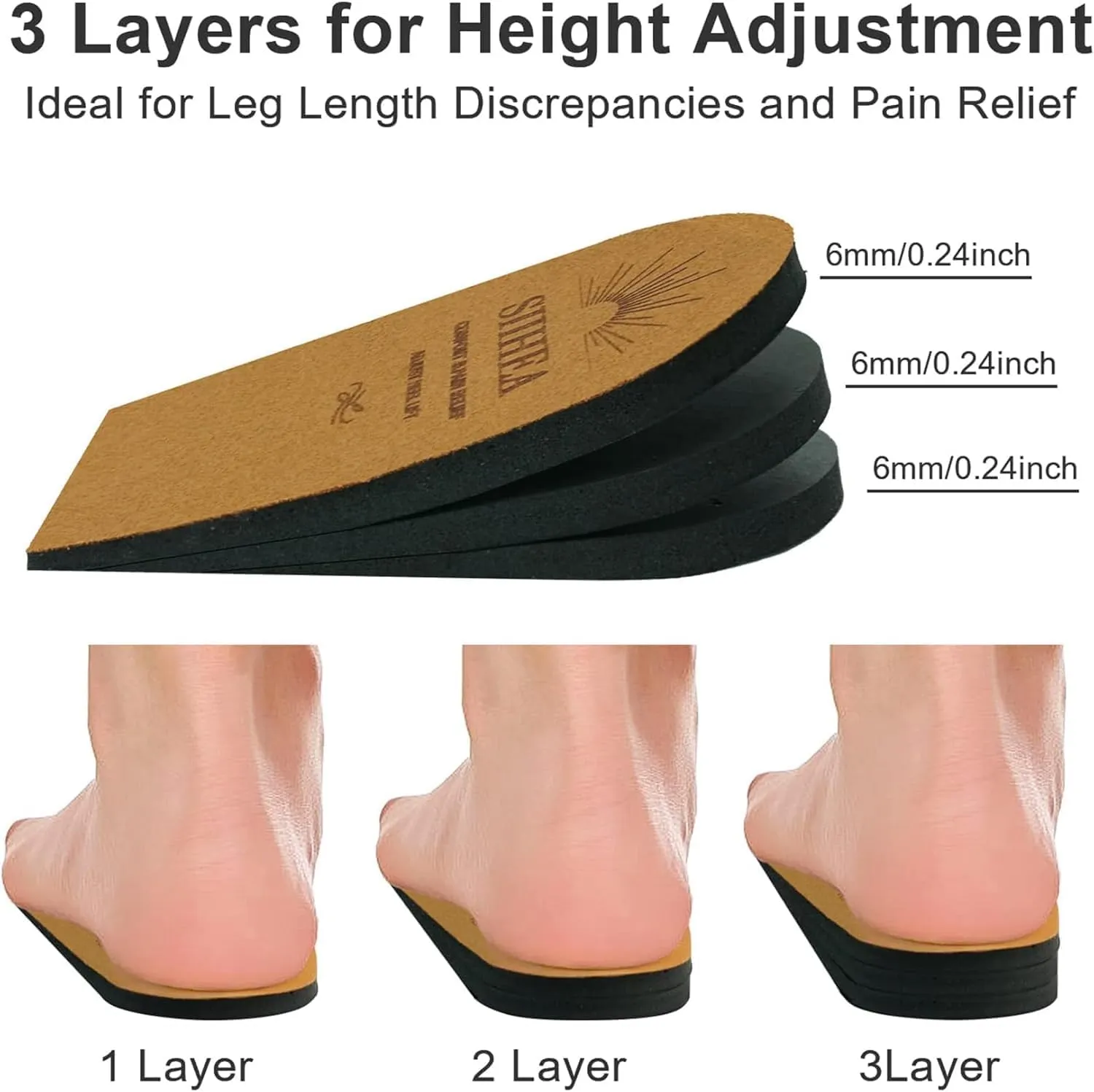 Adjustable Heel Lifts for Shoes, 1/4'' Height Increase Insoles for Achilles Tendonitis, Heel Pain, Leg Length Discrepancy, Plantar Fasciitis, Shoe Lifts Men, Women (Brown, Medium (2 Pairs))
