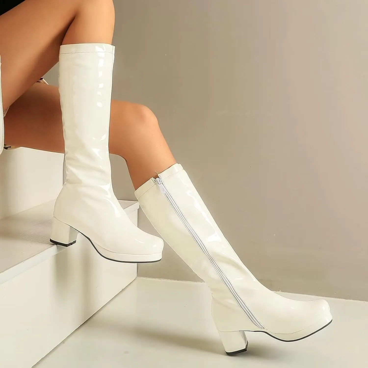 Agodor Women's 70's Gogo Boots Chunky Knee High Platform Boots with Zipper