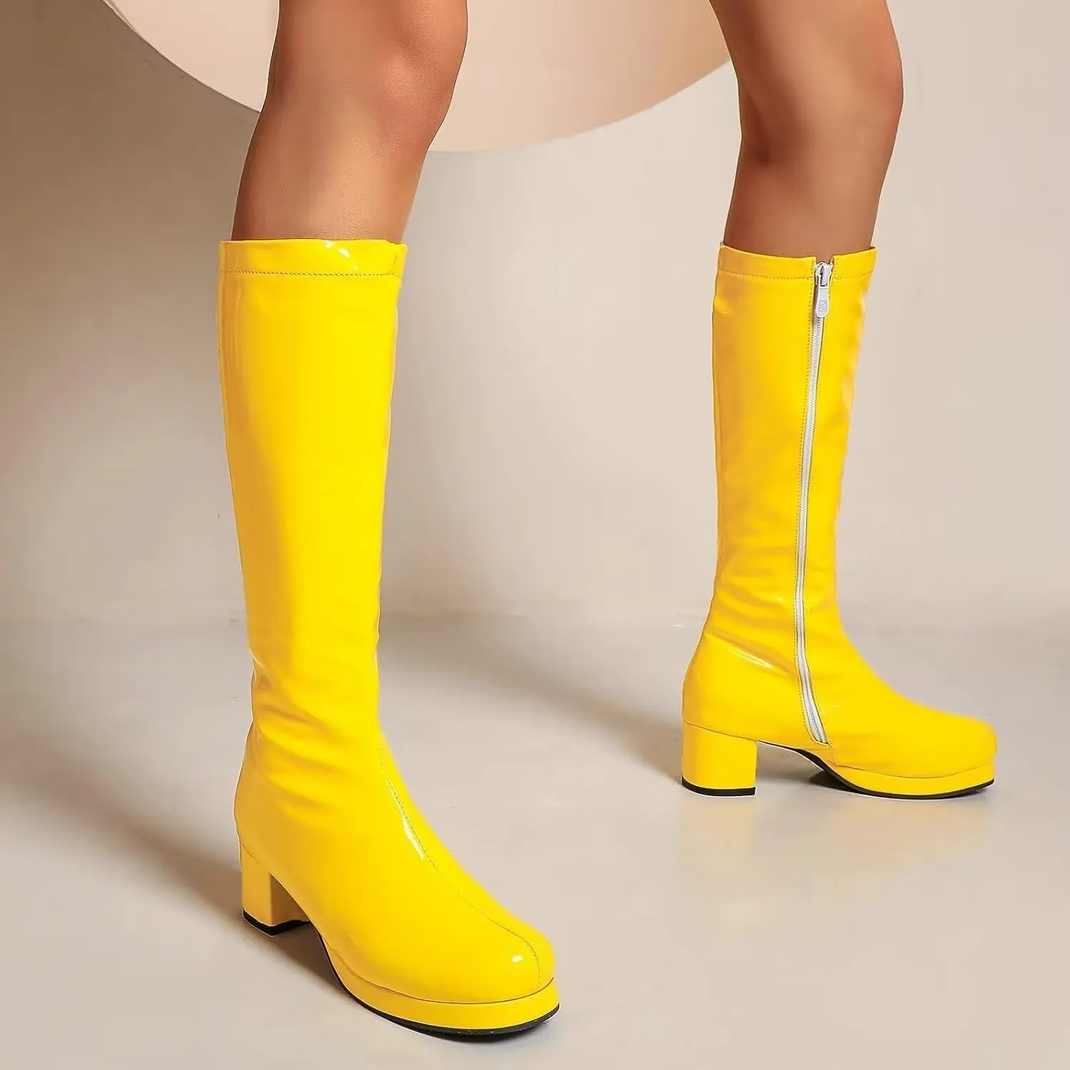 Agodor Women's 70's Gogo Boots Chunky Knee High Platform Boots with Zipper