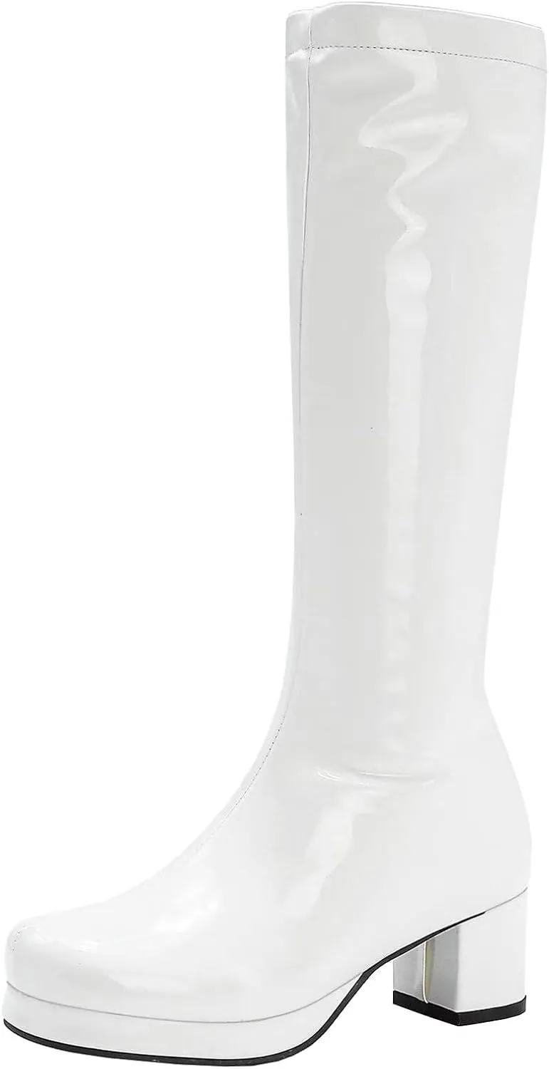 Agodor Women's 70's Gogo Boots Chunky Knee High Platform Boots with Zipper