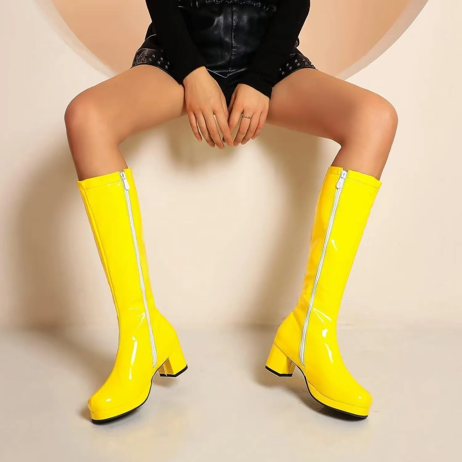 Agodor Women's 70's Gogo Boots Chunky Knee High Platform Boots with Zipper