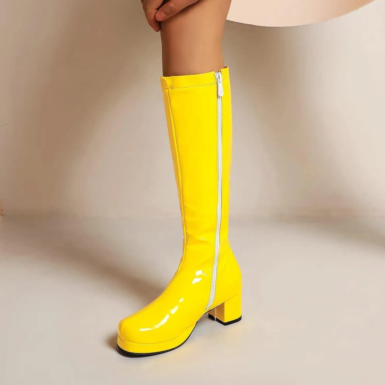 Agodor Women's 70's Gogo Boots Chunky Knee High Platform Boots with Zipper