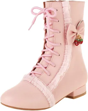 Agodor Women's Cute Lolita Lace Ankle Boots Bow Chunky Low Heel Round Toe Lace up Cosplay Booties
