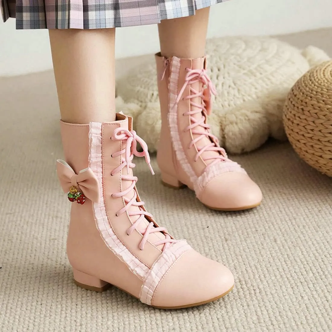 Agodor Women's Cute Lolita Lace Ankle Boots Bow Chunky Low Heel Round Toe Lace up Cosplay Booties