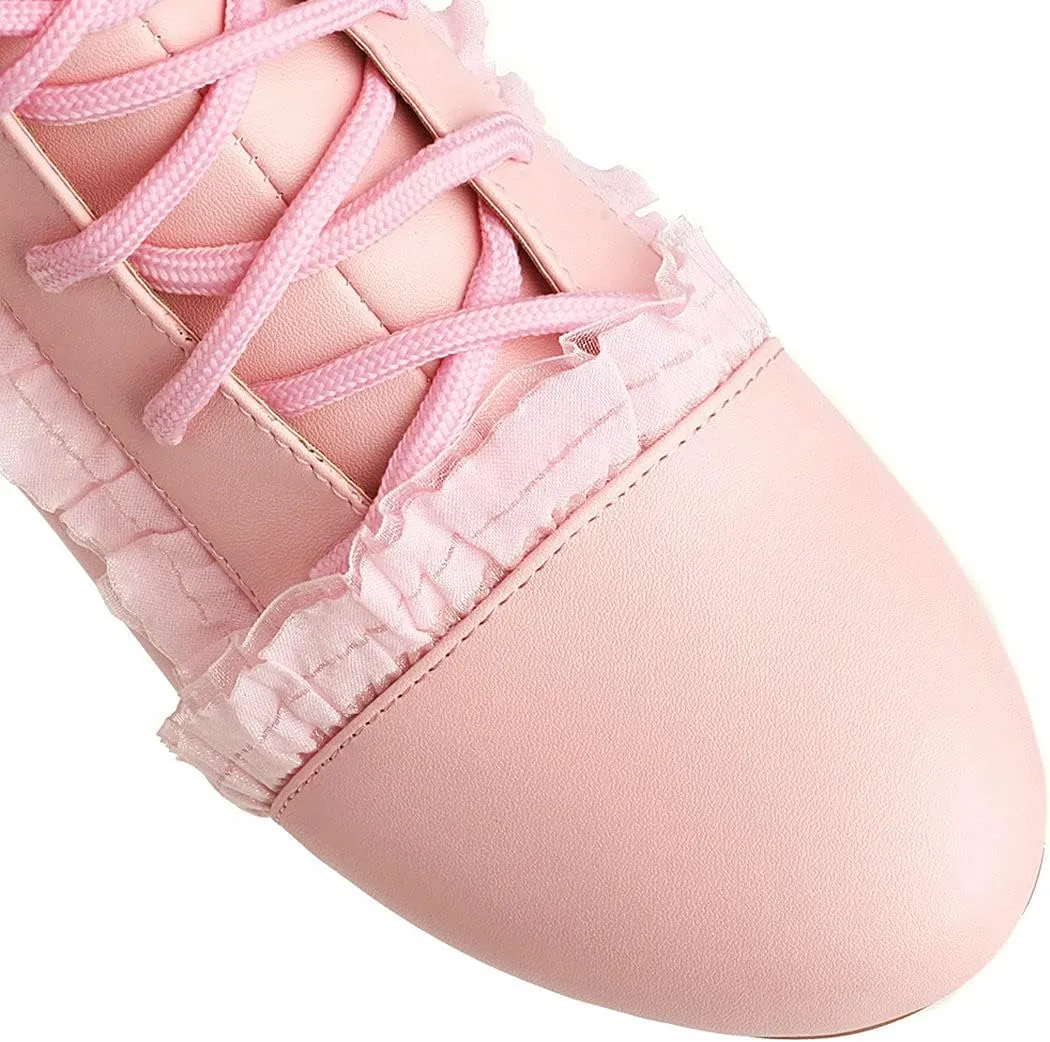 Agodor Women's Cute Lolita Lace Ankle Boots Bow Chunky Low Heel Round Toe Lace up Cosplay Booties