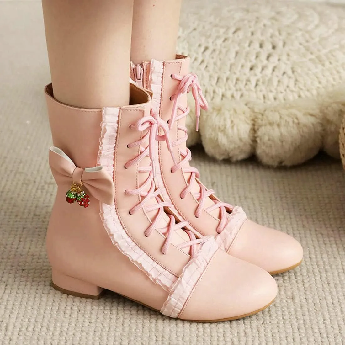 Agodor Women's Cute Lolita Lace Ankle Boots Bow Chunky Low Heel Round Toe Lace up Cosplay Booties