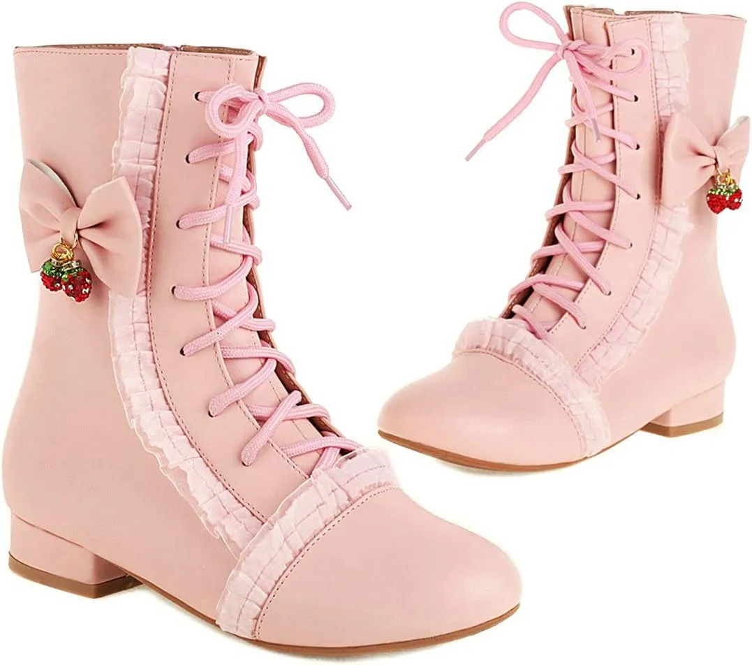 Agodor Women's Cute Lolita Lace Ankle Boots Bow Chunky Low Heel Round Toe Lace up Cosplay Booties