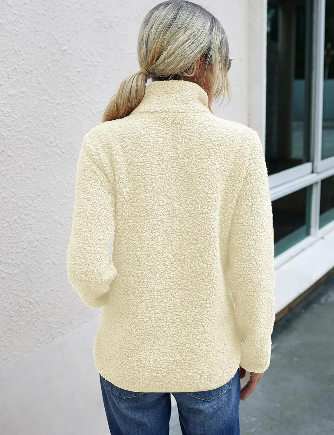 AKEWEI Women Faux Fleece Sweatshirt Fuzzy Button Pullover Coat with Pocket