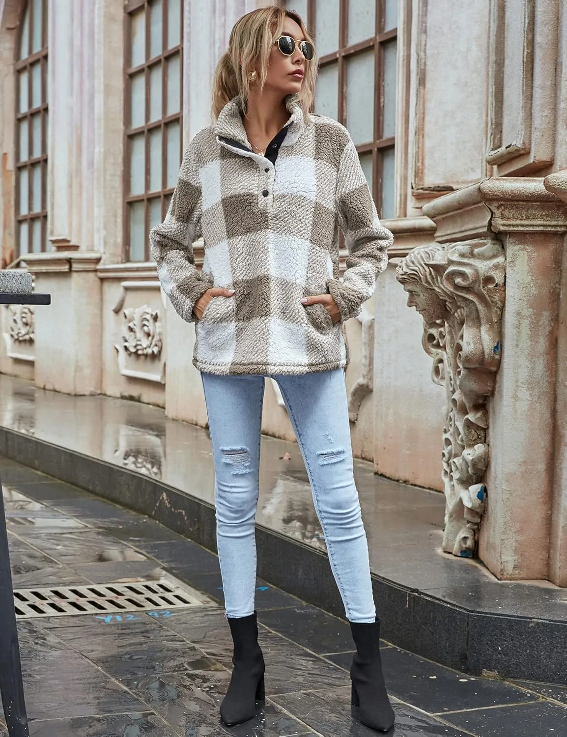 AKEWEI Women Faux Fleece Sweatshirt Fuzzy Button Pullover Coat with Pocket