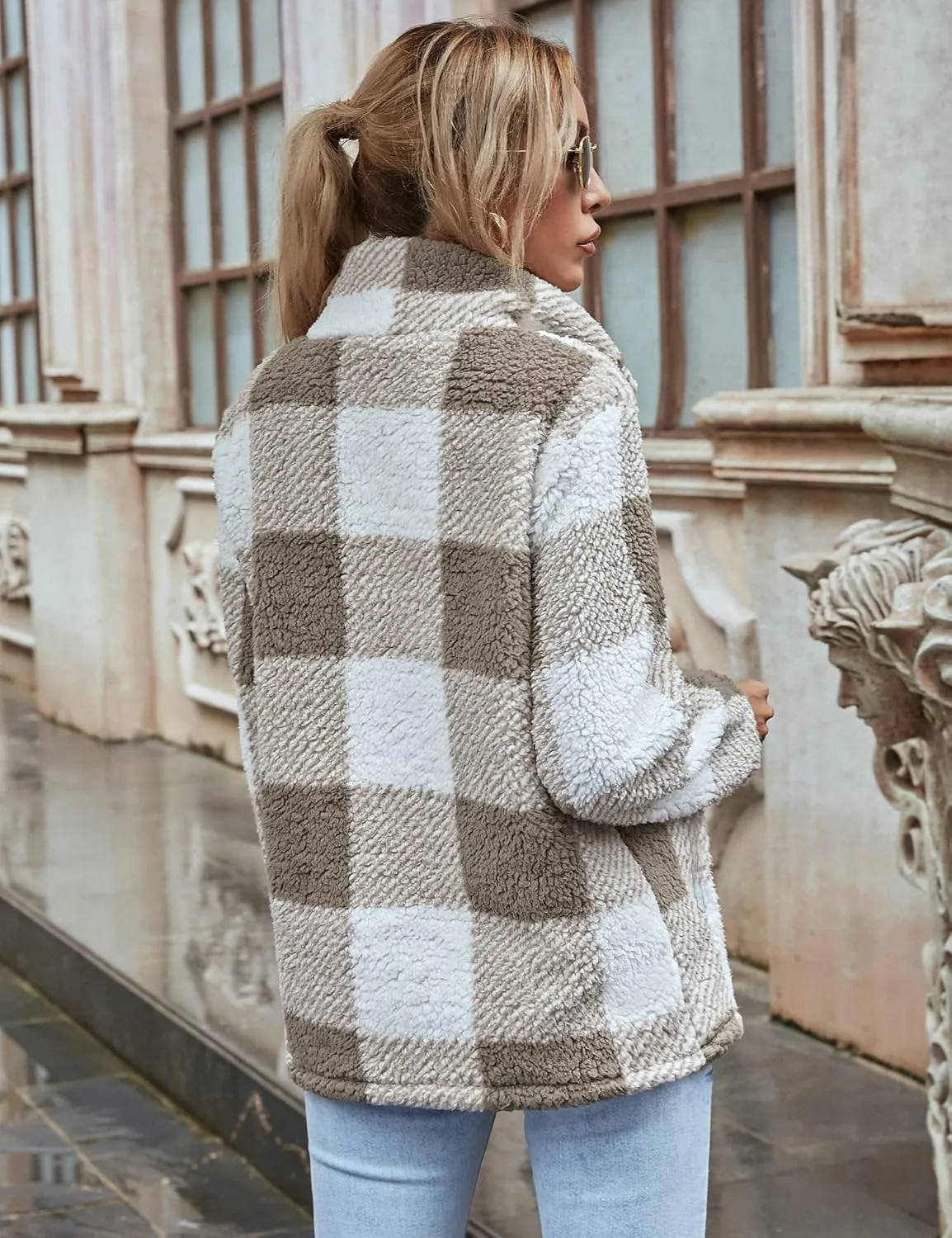 AKEWEI Women Faux Fleece Sweatshirt Fuzzy Button Pullover Coat with Pocket
