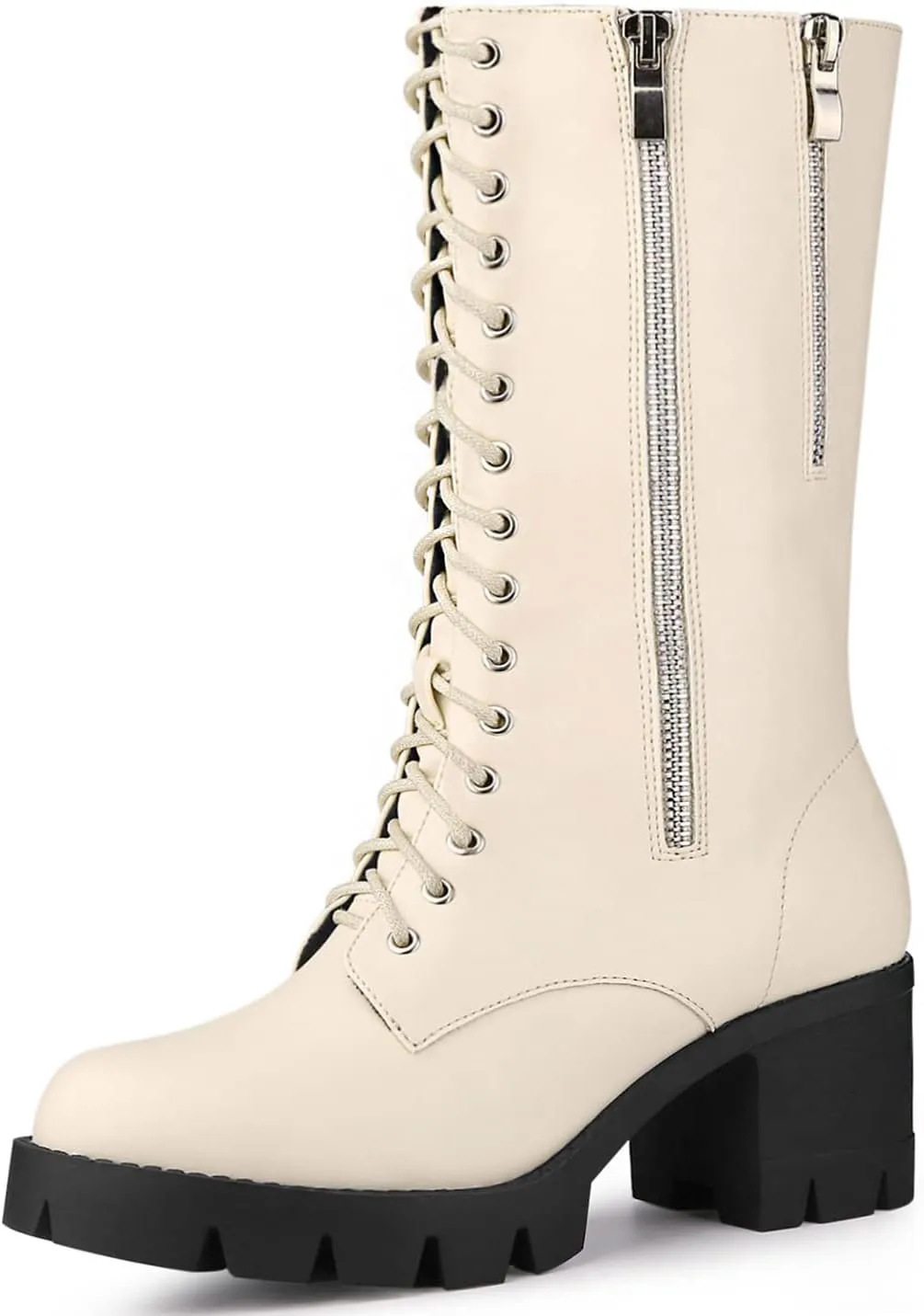 Allegra K Women's Lace Up Platform Chunky Heel Mid Calf Combat Boots Halloween Boots