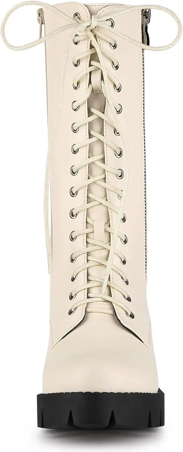 Allegra K Women's Lace Up Platform Chunky Heel Mid Calf Combat Boots Halloween Boots