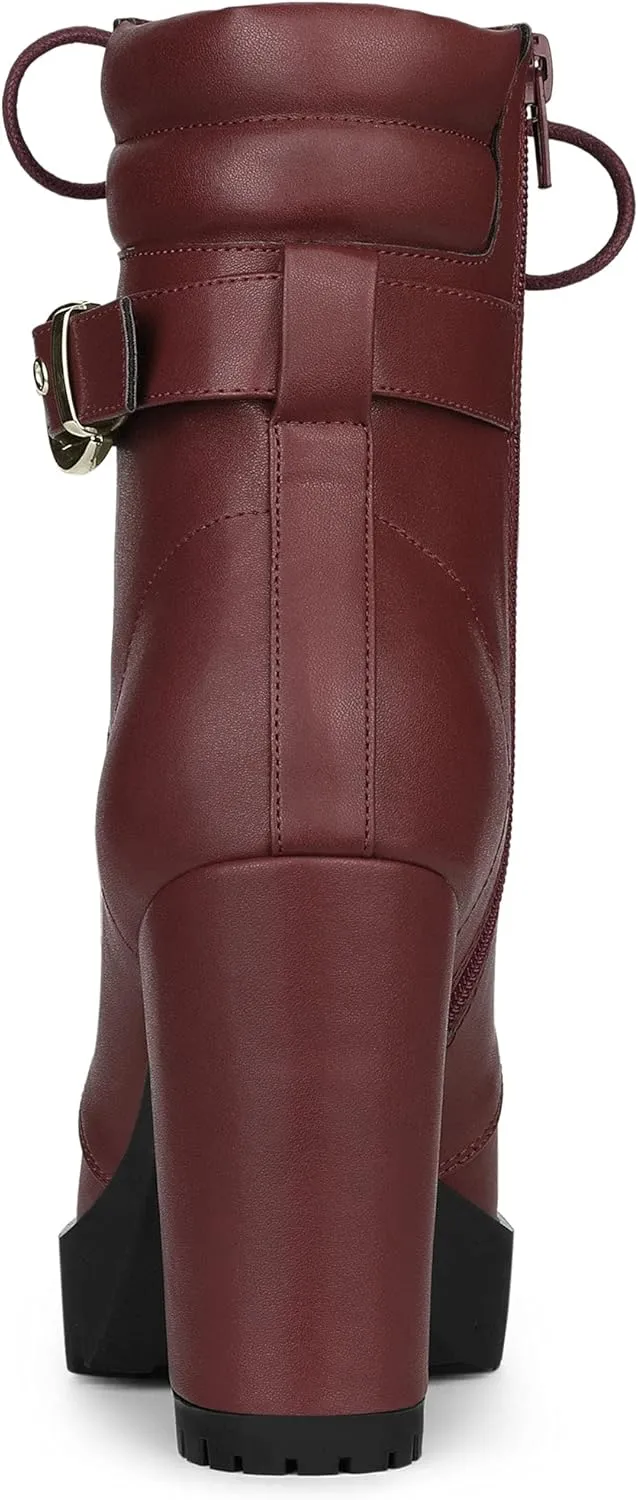 Allegra K Women's Platform Ankle Boots Lace Up Block Heels Combat Boots