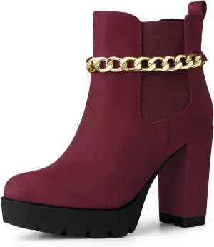 Allegra K Women's Platform Gold Chain Chunky High Heel Chelsea Ankle Boots