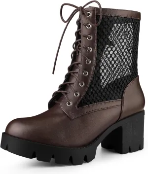 Allegra K Women's Platform Lace Up Mesh Lug Sole Chunky Heel Combat Boots