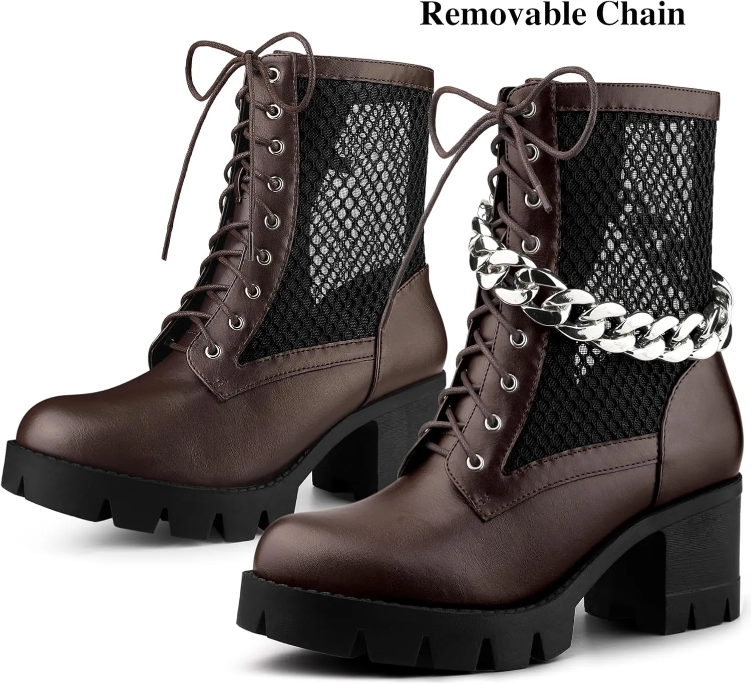Allegra K Women's Platform Lace Up Mesh Lug Sole Chunky Heel Combat Boots