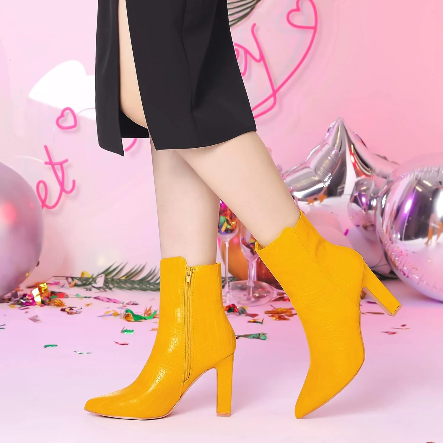 Allegra K Women's Printed Pointed Toe Chunky Heels Ankle Boots