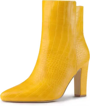 Allegra K Women's Printed Pointed Toe Chunky Heels Ankle Boots