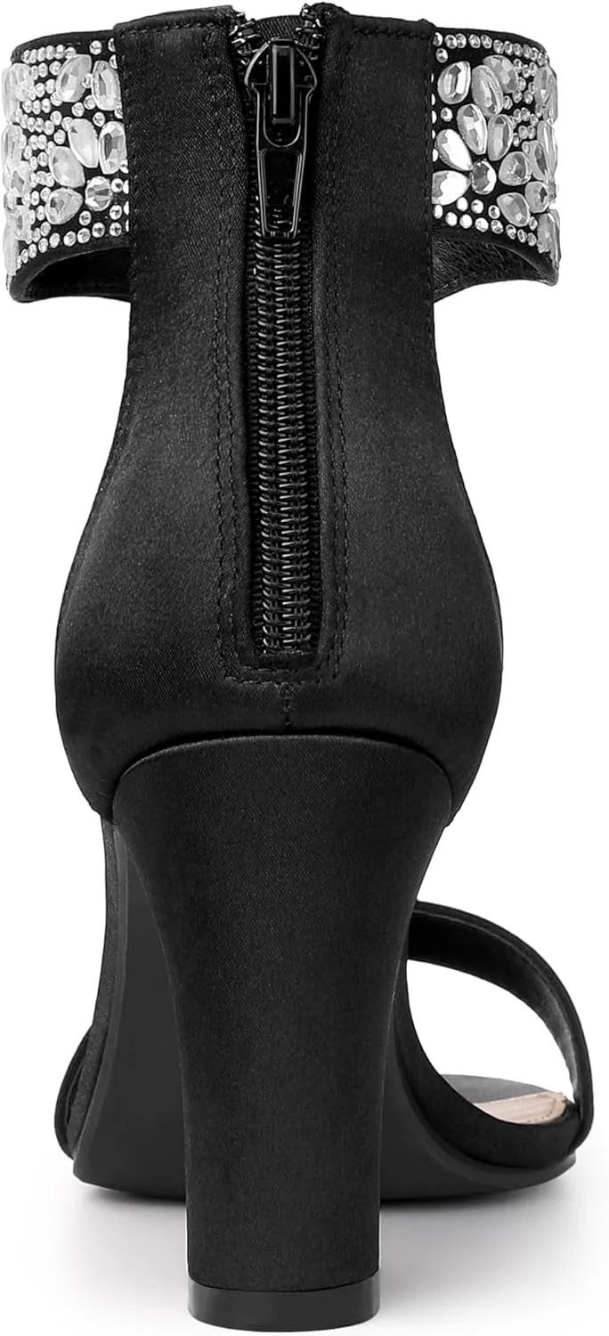 Allegra K Women's Rhinestone Open Toe Ankle Strap Diamond Heels Chunky Sparkly Heels Dress Sandals
