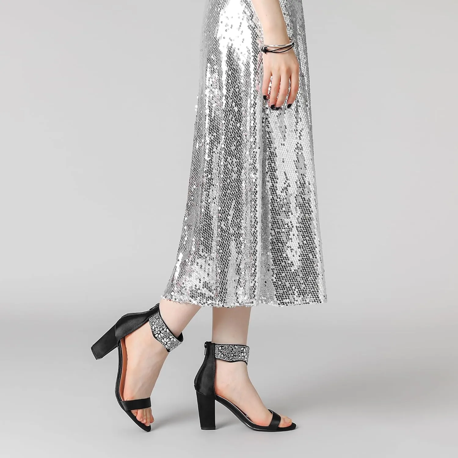 Allegra K Women's Rhinestone Open Toe Ankle Strap Diamond Heels Chunky Sparkly Heels Dress Sandals