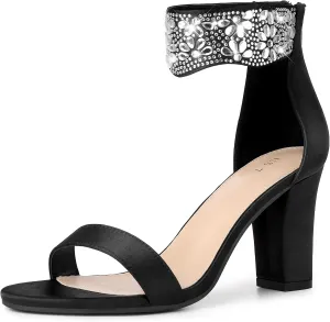 Allegra K Women's Rhinestone Open Toe Ankle Strap Diamond Heels Chunky Sparkly Heels Dress Sandals