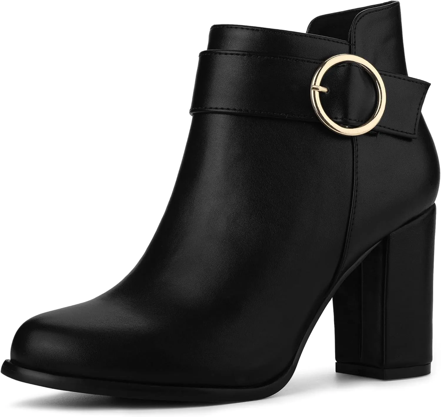 Allegra K Women's Round Toe Circle Buckle Chunky Heels Ankle Boots
