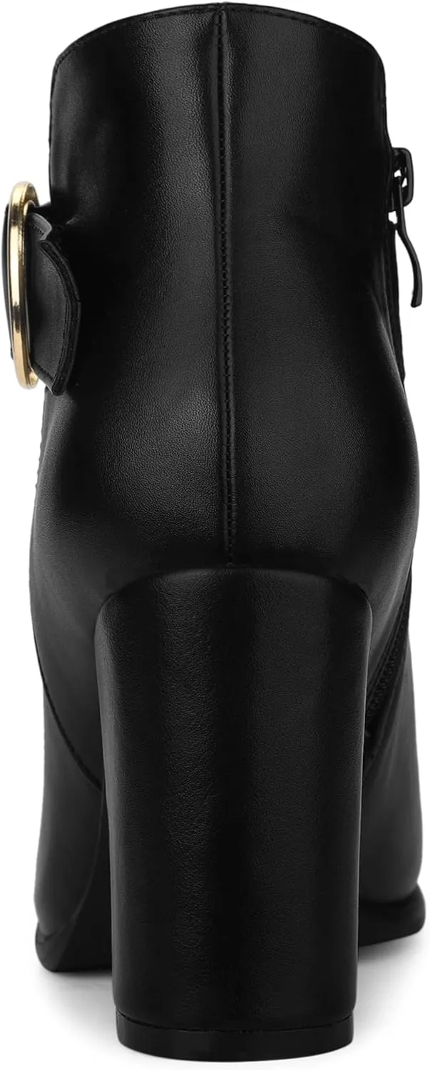 Allegra K Women's Round Toe Circle Buckle Chunky Heels Ankle Boots