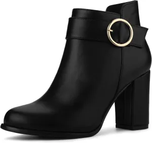 Allegra K Women's Round Toe Circle Buckle Chunky Heels Ankle Boots