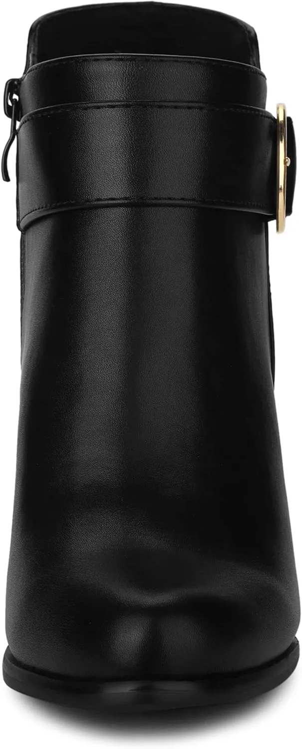 Allegra K Women's Round Toe Circle Buckle Chunky Heels Ankle Boots