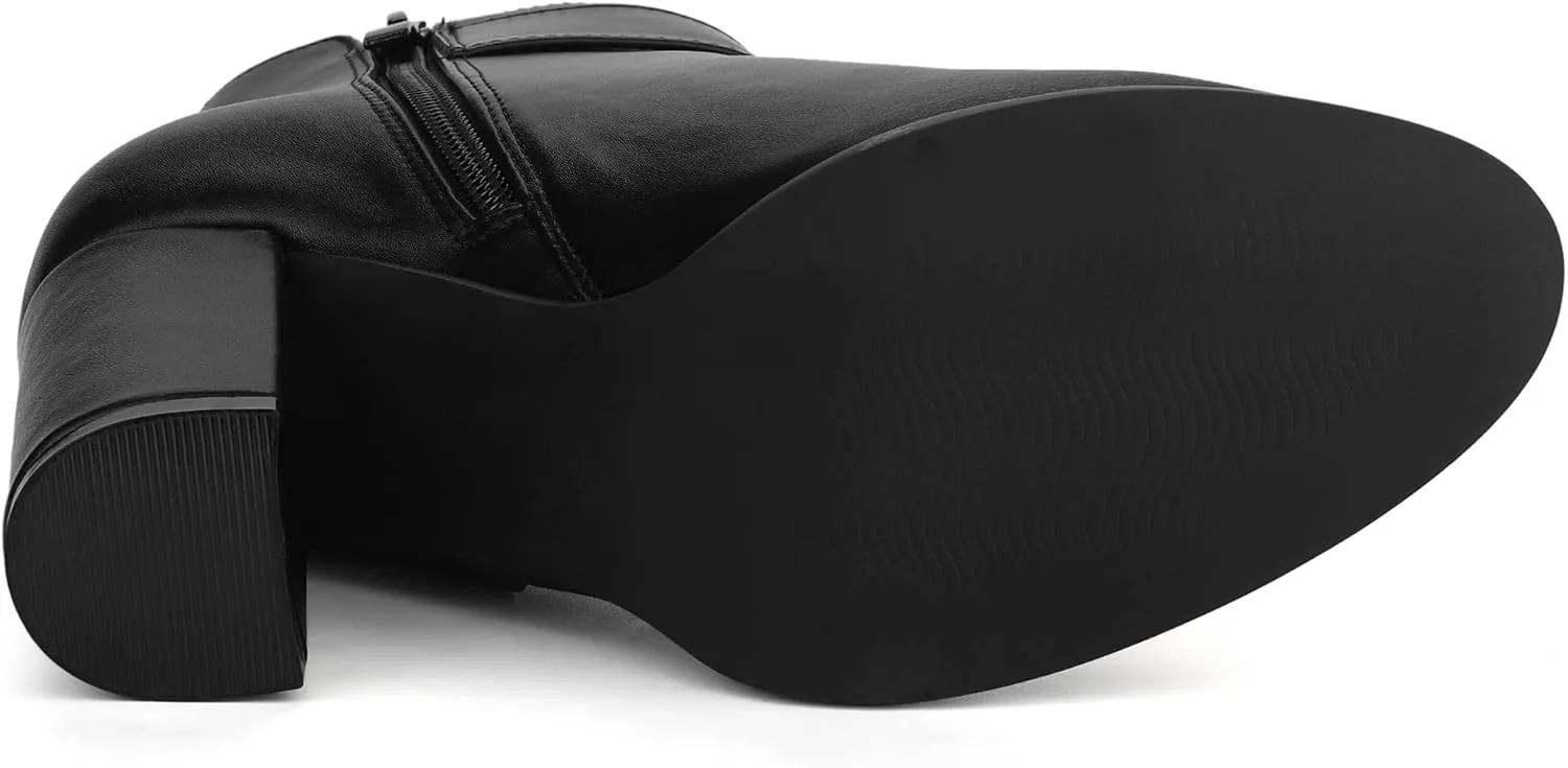 Allegra K Women's Round Toe Circle Buckle Chunky Heels Ankle Boots
