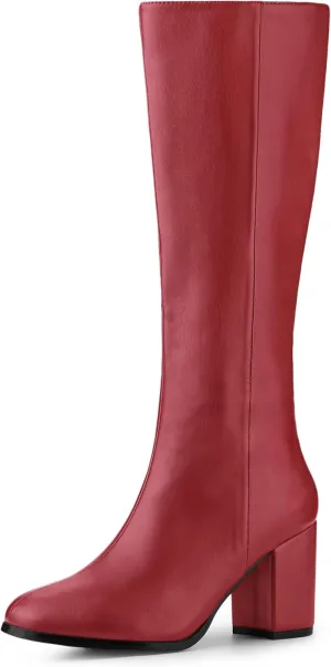 Allegra K Women's Round Toe Zip Block Heels Knee High Boots