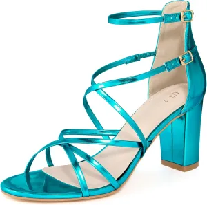 Allegra K Women's Strappy Crisscross Strap Opened Toe Block Heels Sandals