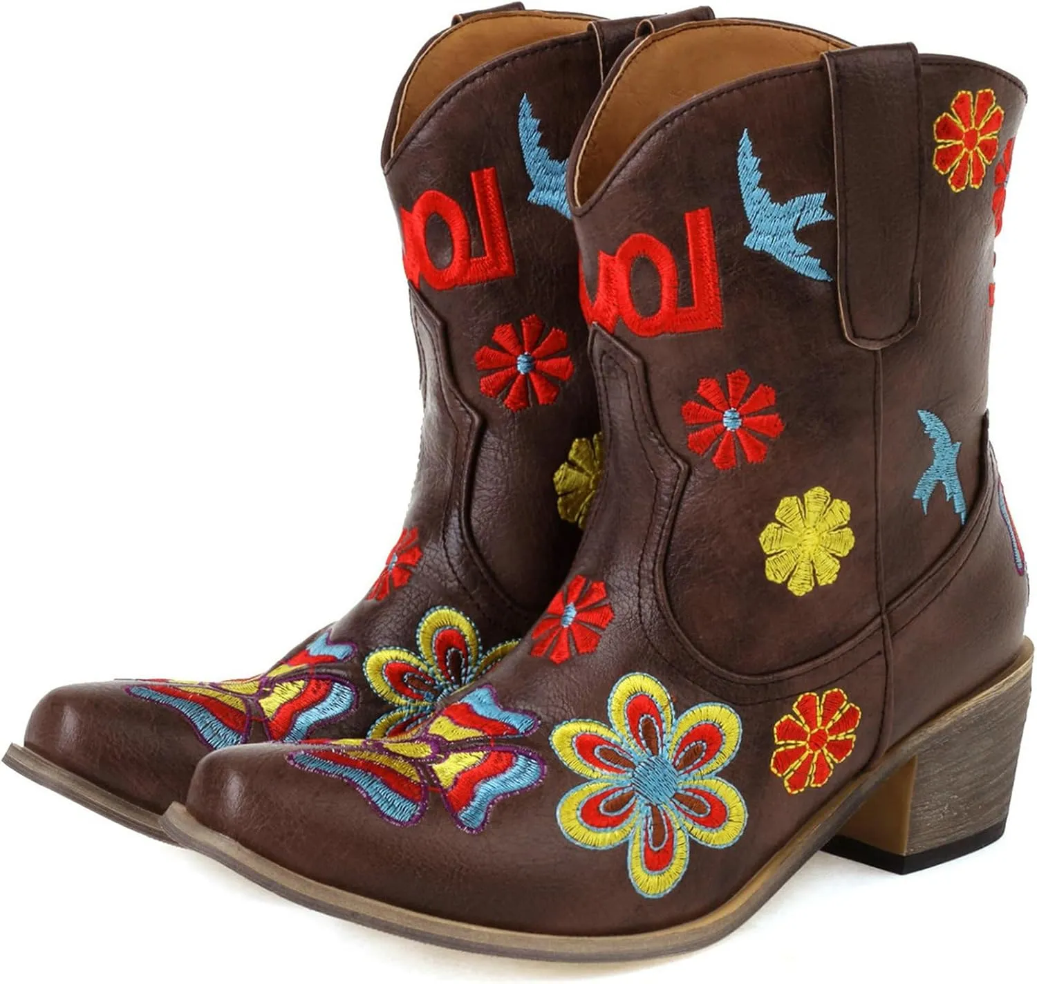 Alsoloveu Women's Embroidered Cowboy Boots Western Cowgirl Snip Toe Chunky Heel Pull On Wedding Dress Mid Calf Boots