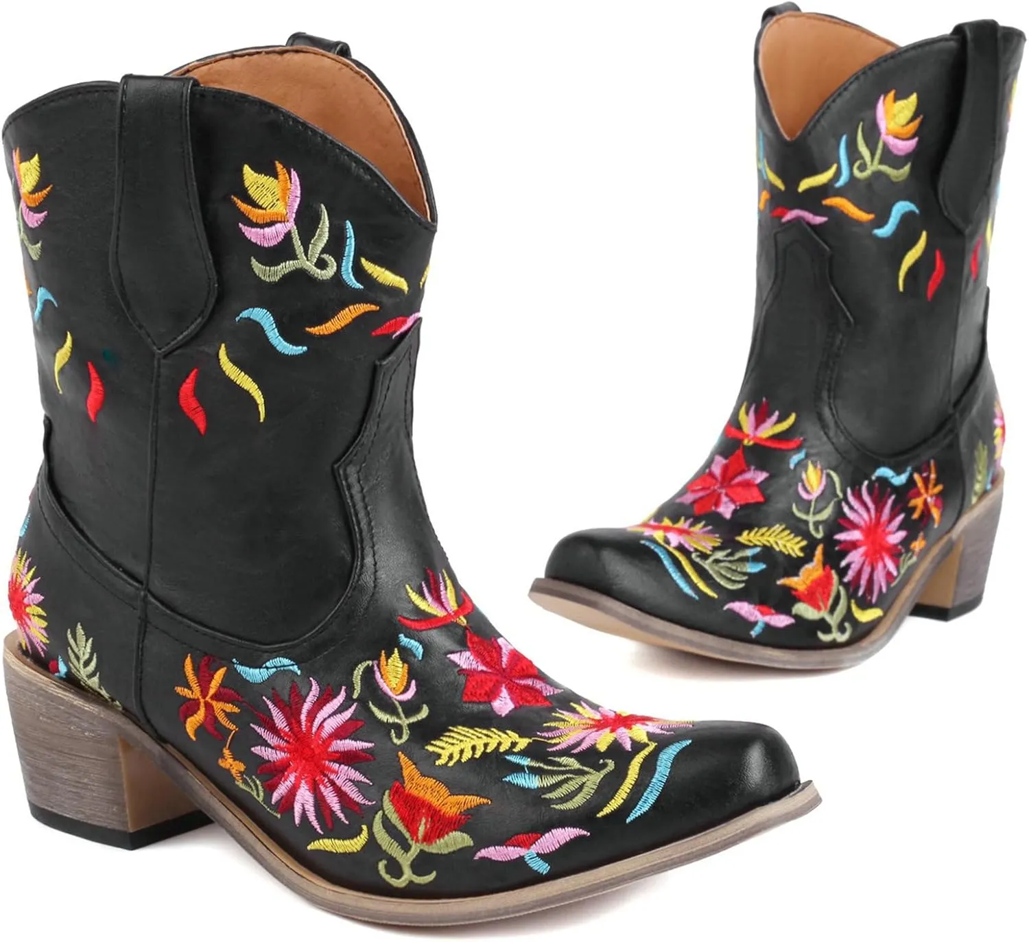 Alsoloveu Women's Embroidered Cowboy Boots Western Cowgirl Snip Toe Chunky Heel Pull On Wedding Dress Mid Calf Boots
