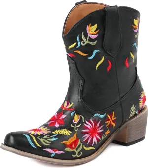 Alsoloveu Women's Embroidered Cowboy Boots Western Cowgirl Snip Toe Chunky Heel Pull On Wedding Dress Mid Calf Boots