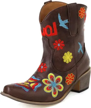 Alsoloveu Women's Embroidered Cowboy Boots Western Cowgirl Snip Toe Chunky Heel Pull On Wedding Dress Mid Calf Boots