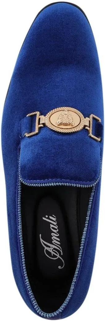 Amali Velvet Slip-On Dress Loafers for Men with Lion Head Piece, Men's Formal Smoking Tuxedo Slippers, Loafer Shoes with Metal Chain Detail
