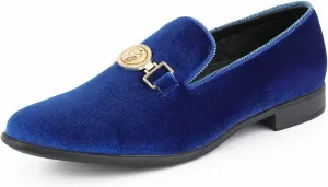 Amali Velvet Slip-On Dress Loafers for Men with Lion Head Piece, Men's Formal Smoking Tuxedo Slippers, Loafer Shoes with Metal Chain Detail