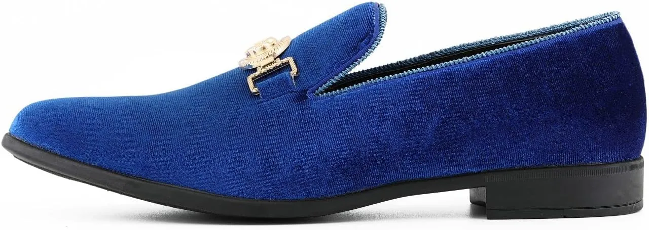 Amali Velvet Slip-On Dress Loafers for Men with Lion Head Piece, Men's Formal Smoking Tuxedo Slippers, Loafer Shoes with Metal Chain Detail