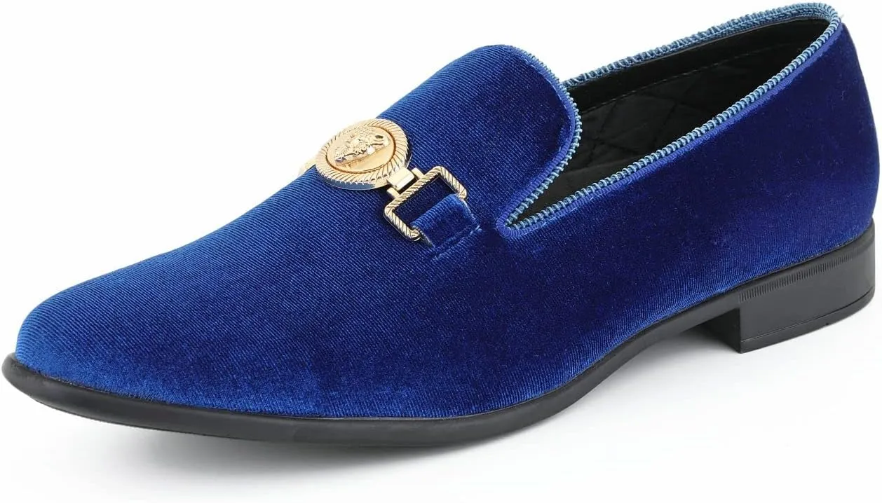 Amali Velvet Slip-On Dress Loafers for Men with Lion Head Piece, Men's Formal Smoking Tuxedo Slippers, Loafer Shoes with Metal Chain Detail