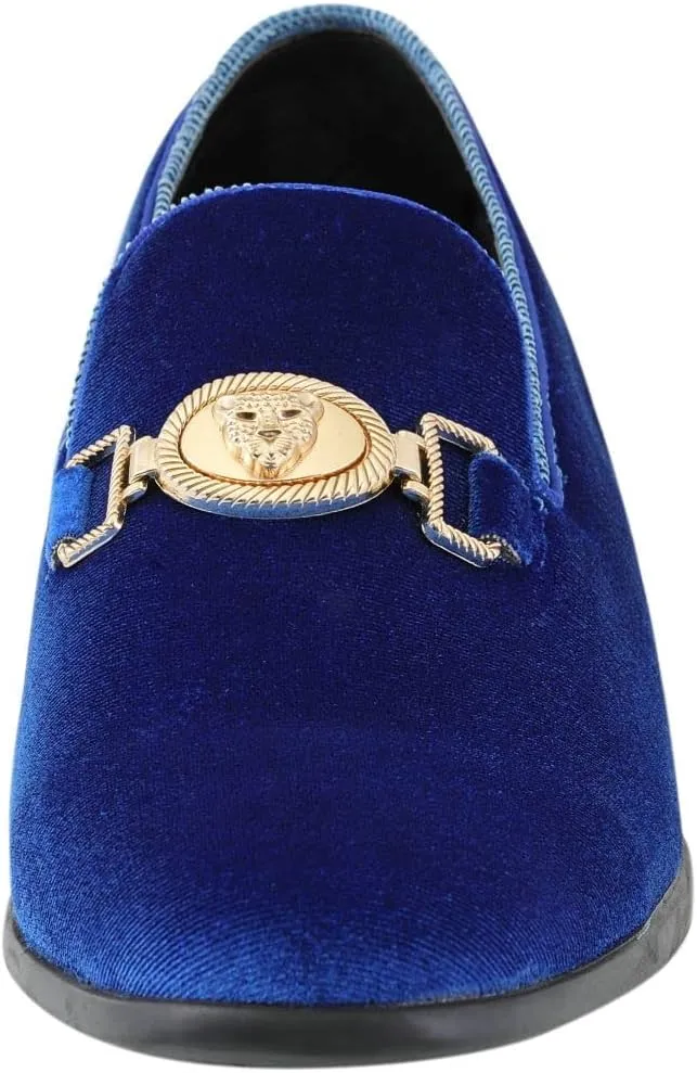 Amali Velvet Slip-On Dress Loafers for Men with Lion Head Piece, Men's Formal Smoking Tuxedo Slippers, Loafer Shoes with Metal Chain Detail
