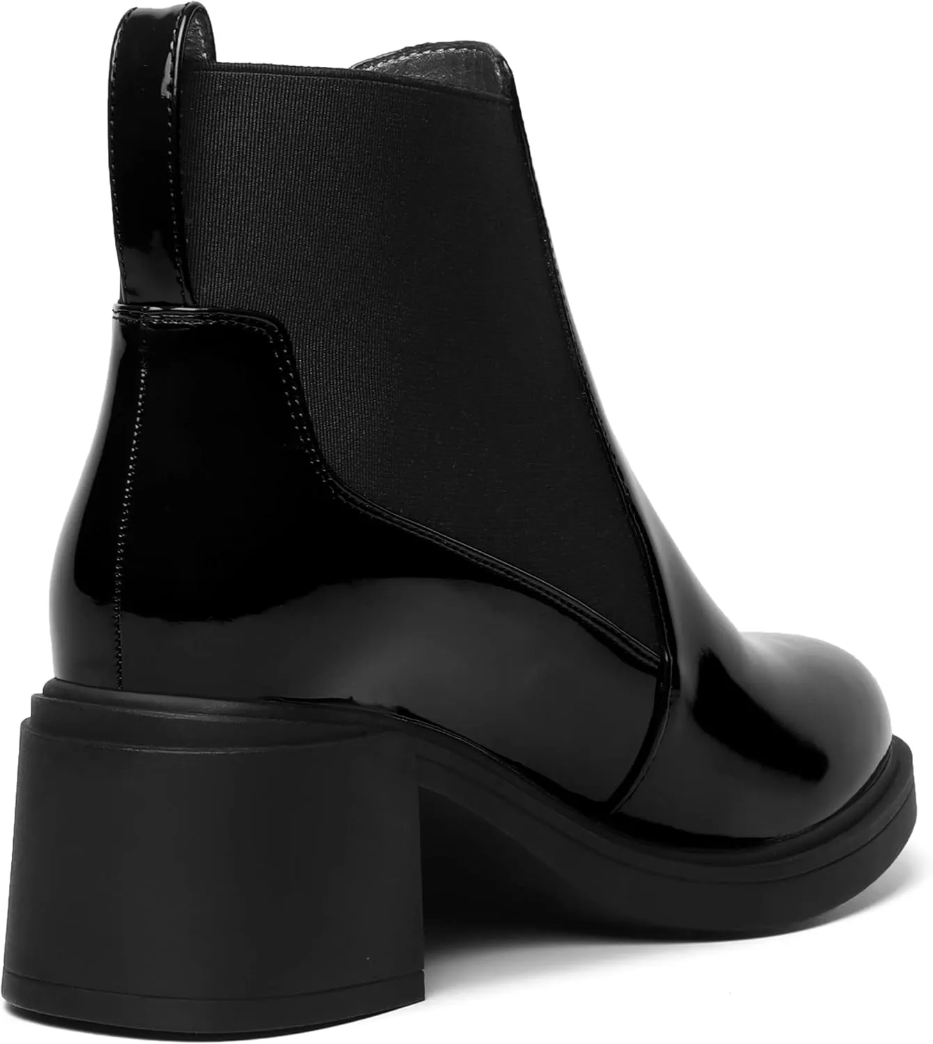 AMBELIGHT Womens Office Patent Chelsea Casual Elastic Round Toe Solid Chunky Mid Heel Ankle High Boots 2.5 Inch