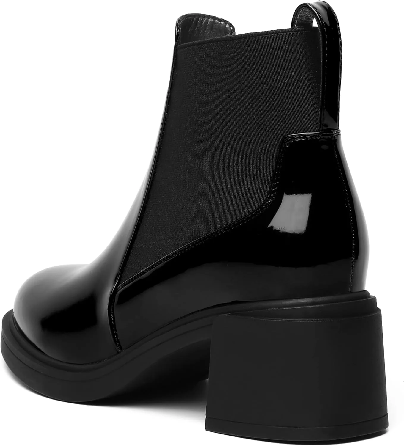 AMBELIGHT Womens Office Patent Chelsea Casual Elastic Round Toe Solid Chunky Mid Heel Ankle High Boots 2.5 Inch