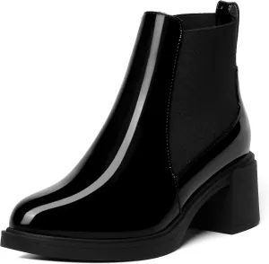 AMBELIGHT Womens Office Patent Chelsea Casual Elastic Round Toe Solid Chunky Mid Heel Ankle High Boots 2.5 Inch