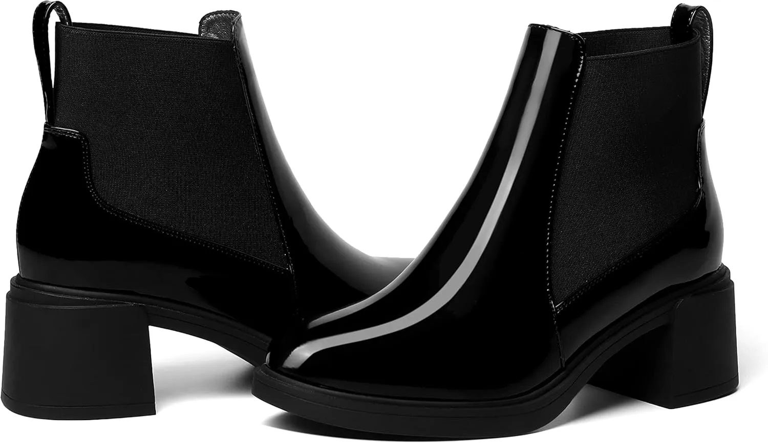 AMBELIGHT Womens Office Patent Chelsea Casual Elastic Round Toe Solid Chunky Mid Heel Ankle High Boots 2.5 Inch