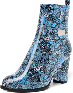 AMBELIGHT Womens Patent Zip Dress Boots Casual Round Toe Chunky High Heel Ankle High Boots 3.3 Inch