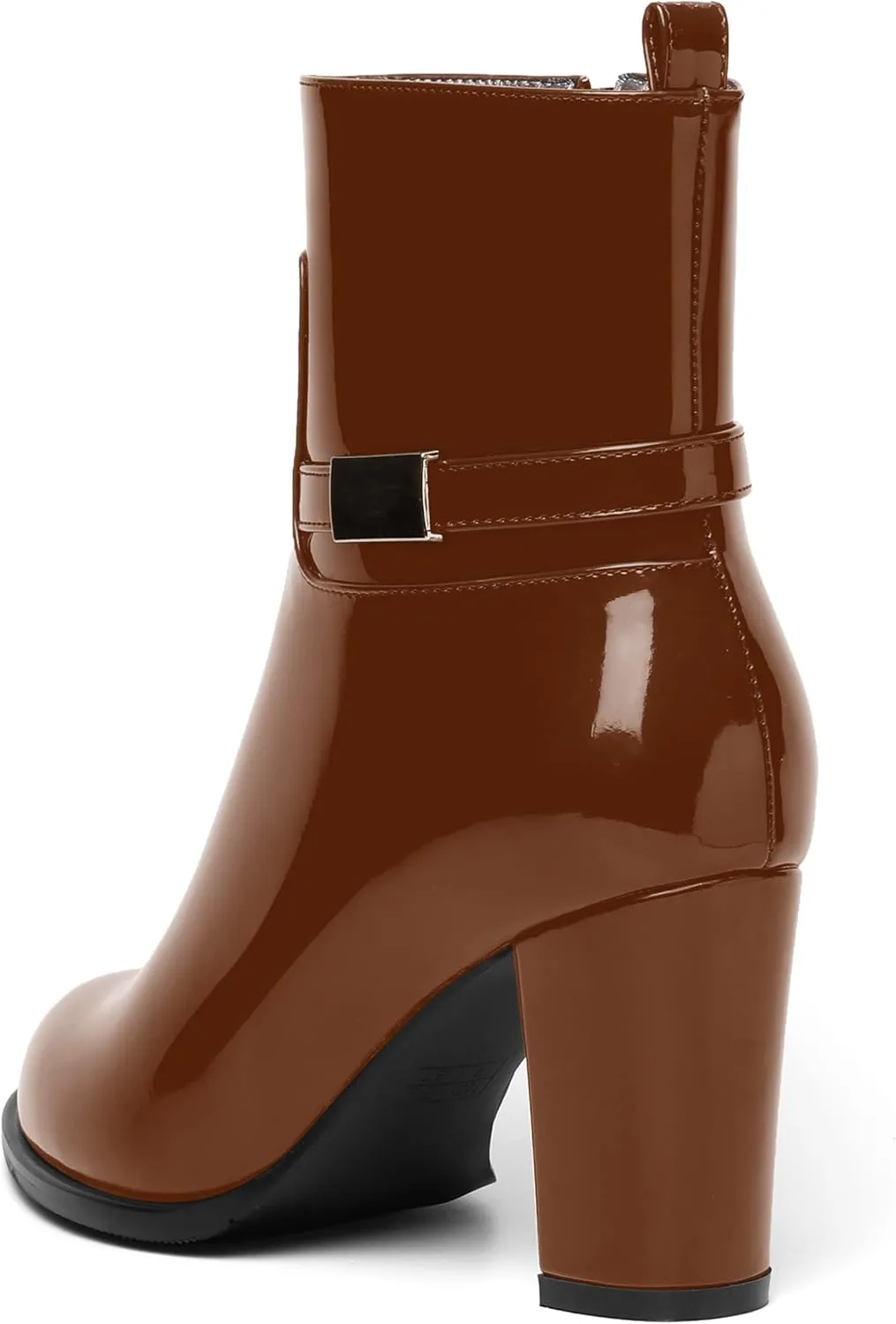 AMBELIGHT Womens Patent Zip Dress Boots Casual Round Toe Chunky High Heel Ankle High Boots 3.3 Inch